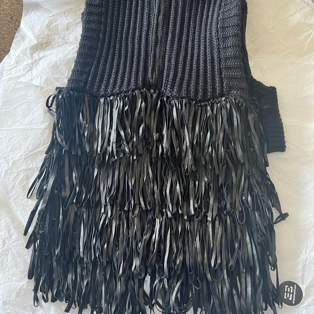 JET BLACK LEATHER FRINGE DRESS BY LALTRAMODA… SIZE MEDIUM… NEW WITH TAGS.